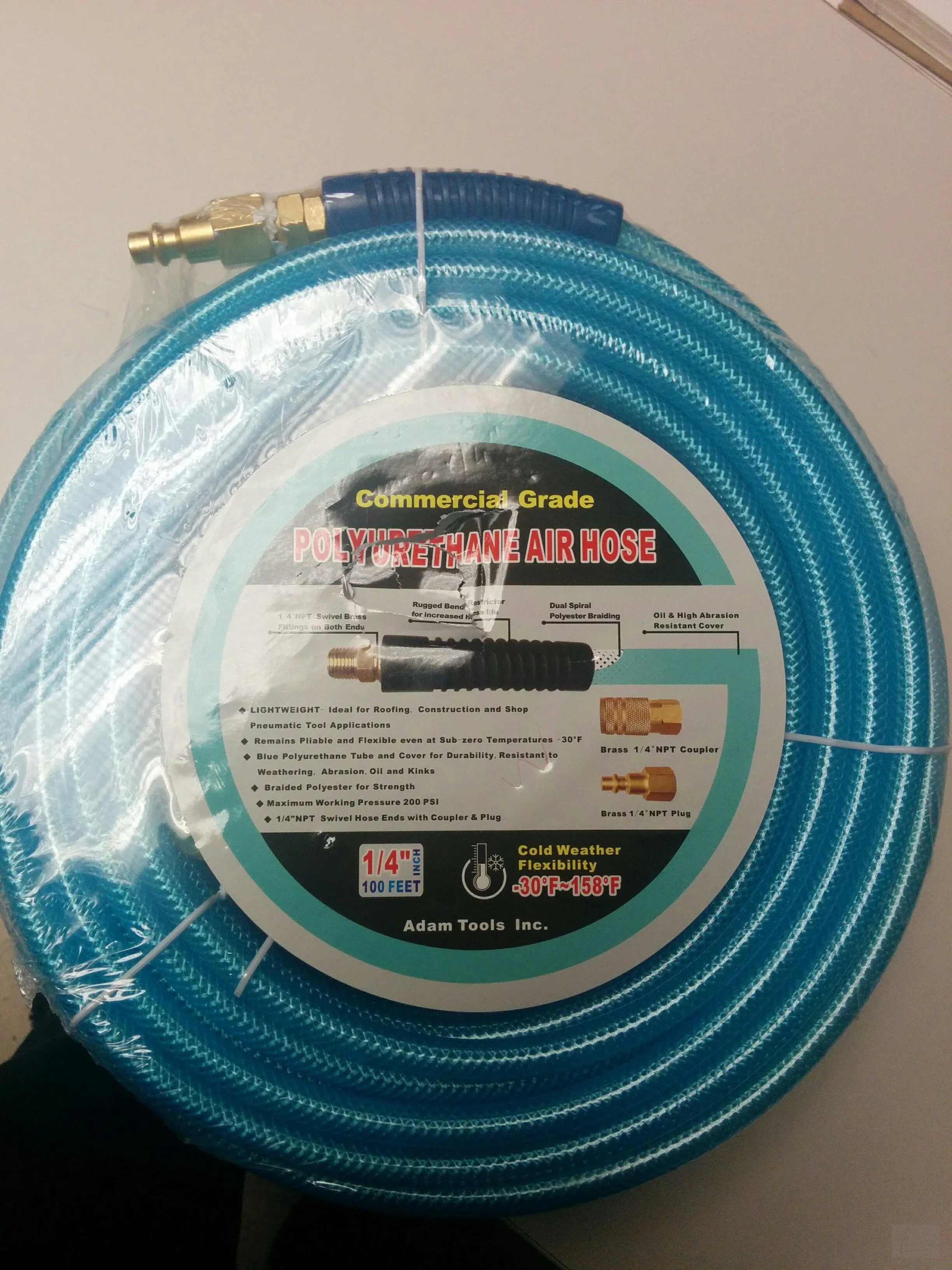 AdamTools COMMERCIAL GRADE POLYURETHANE AIR HOSE- 100'*1/4"-BLUE