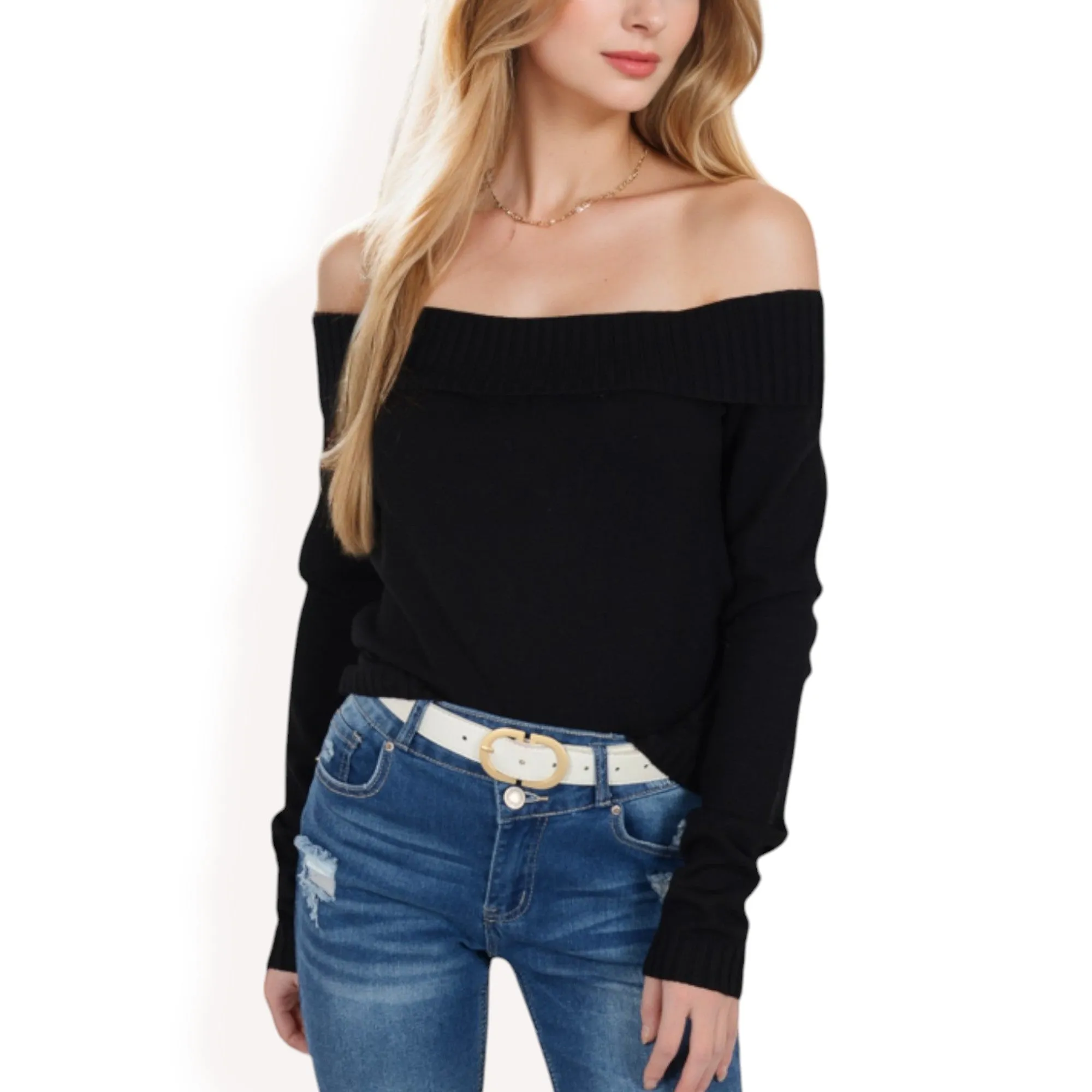 Anna-Kaci Women's Ribbed Off-the-Shoulder Long Sleeve Slim Fit Top in Soft Stretchy Midweight Fabric for a Chic Cropped Style