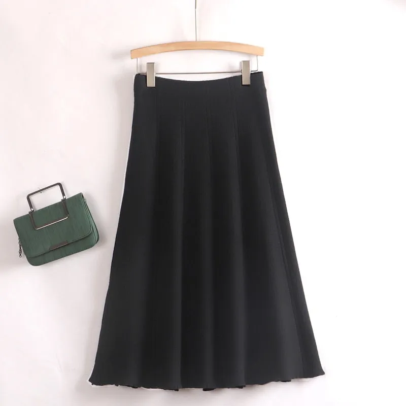 Autumn Winter Women Knitted Pleated Skirts Elegant Thick Warm A Line Skirts CHIC Long Maxi Midi Sweater Skirts