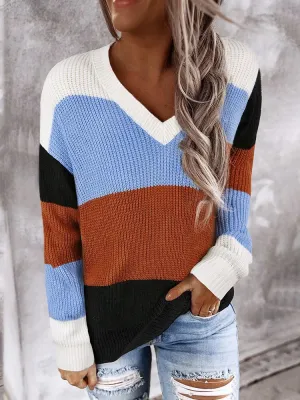 Bonnyshow  Women's Sweaters Casual Knit Pullover Fashion Long Sleeve Top Striped Color Block Winter Knit V-Neck Loose Warm Jumper Tops