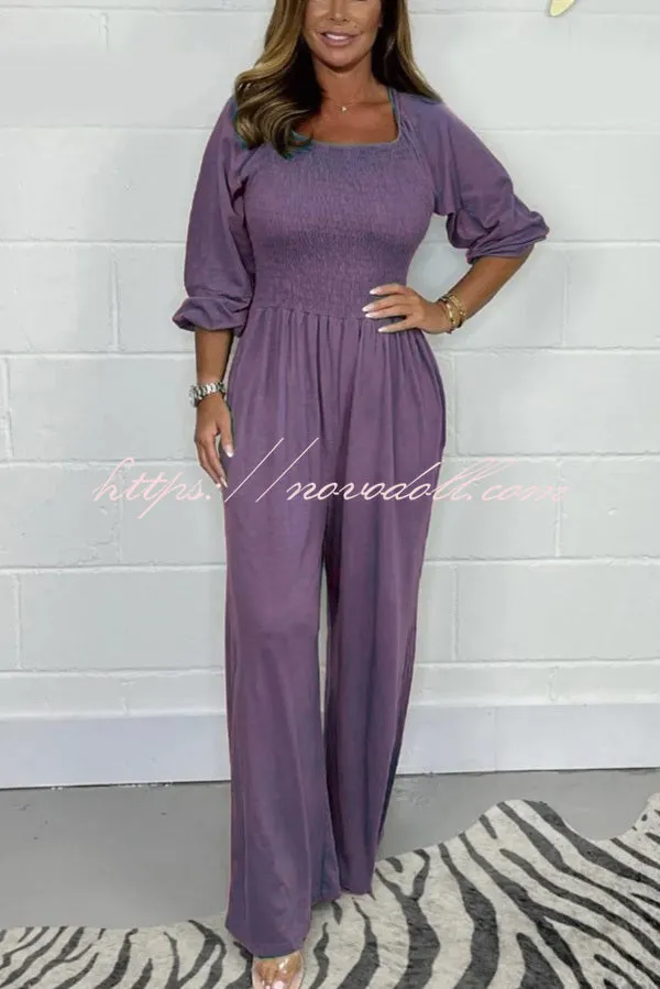 Casual and Comfortable Smocked Solid Color Wide Leg Jumpsuit