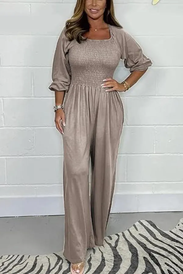 Casual and Comfortable Smocked Solid Color Wide Leg Jumpsuit