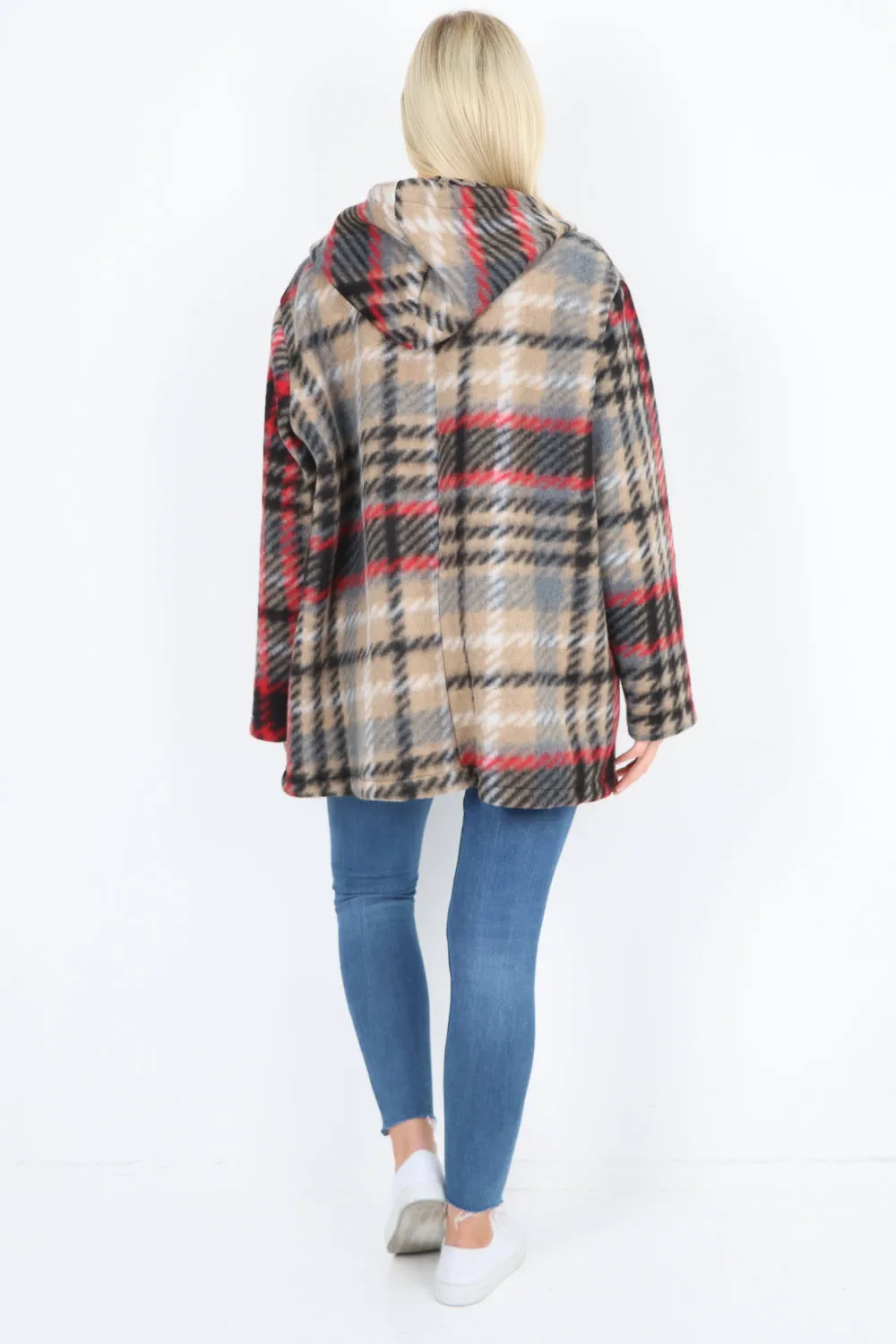 Checked Line Print Hooded Front Pockets Coat