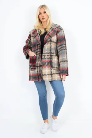 Checked Line Print Hooded Front Pockets Coat