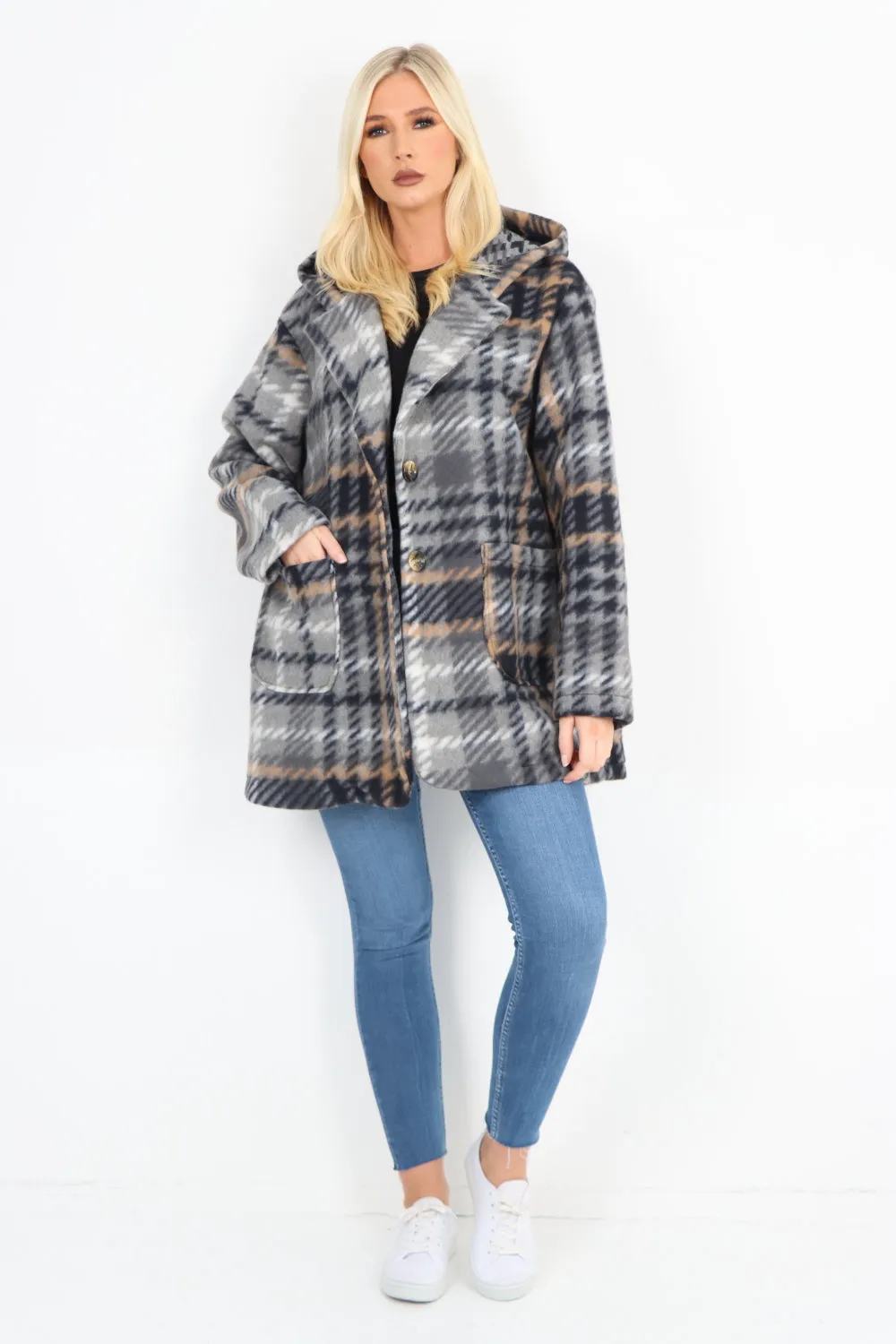 Checked Line Print Hooded Front Pockets Coat