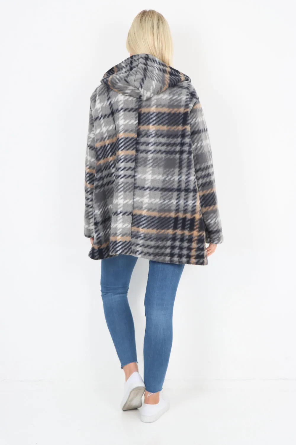 Checked Line Print Hooded Front Pockets Coat