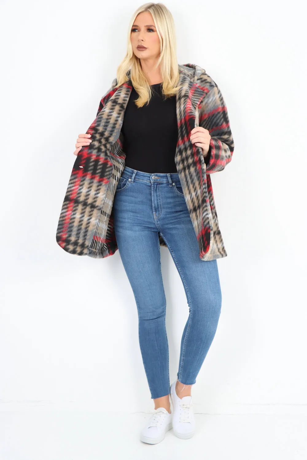 Checked Line Print Hooded Front Pockets Coat