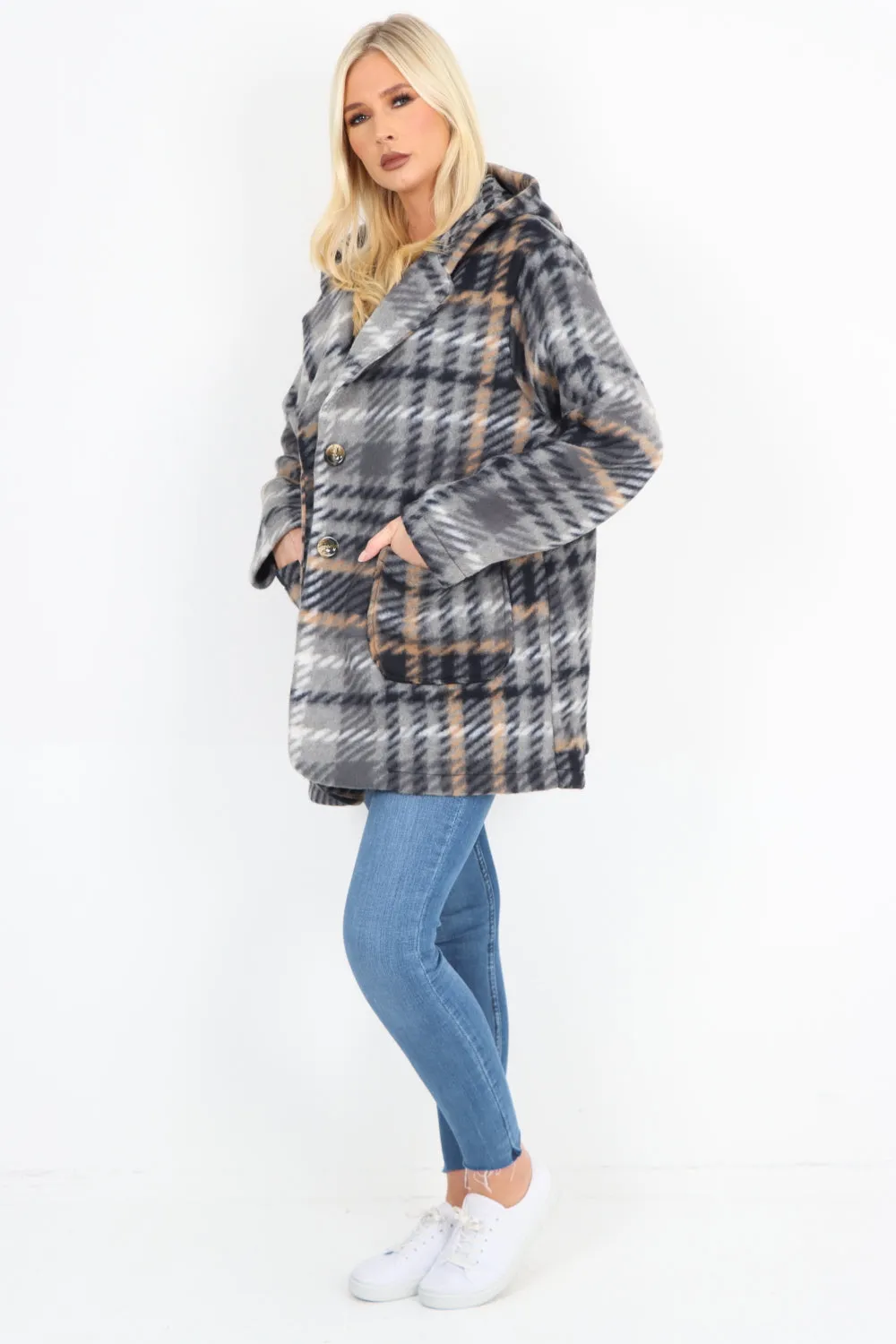 Checked Line Print Hooded Front Pockets Coat