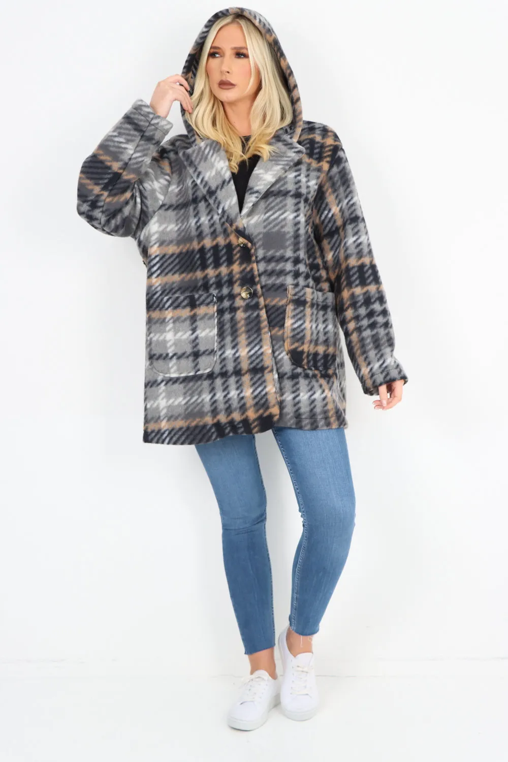 Checked Line Print Hooded Front Pockets Coat