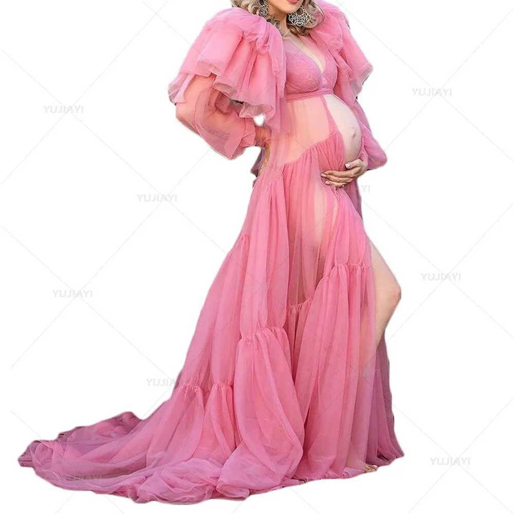 Chic Pink Maternity Robe with Elegant Ruffles and Tulle Accents