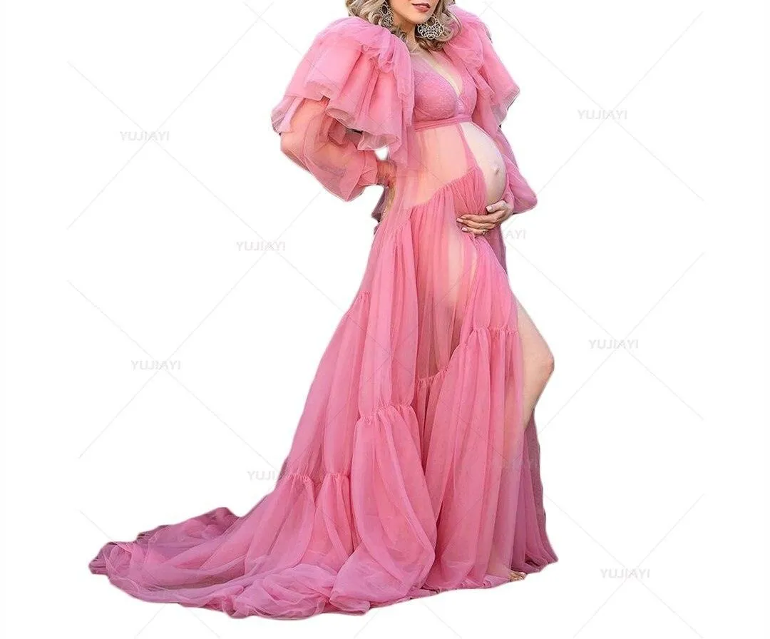 Chic Pink Maternity Robe with Elegant Ruffles and Tulle Accents