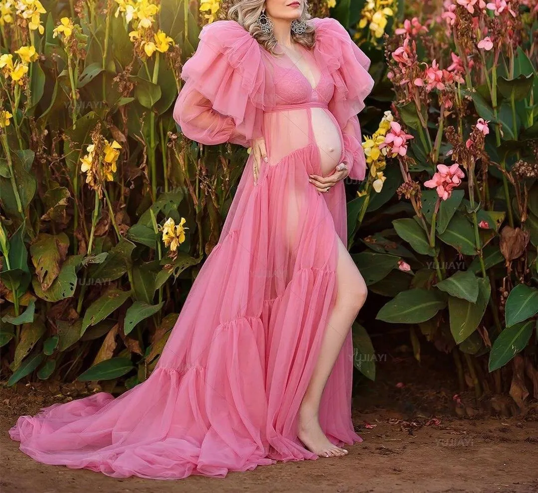 Chic Pink Maternity Robe with Elegant Ruffles and Tulle Accents