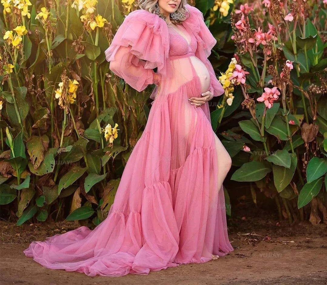 Chic Pink Maternity Robe with Elegant Ruffles and Tulle Accents