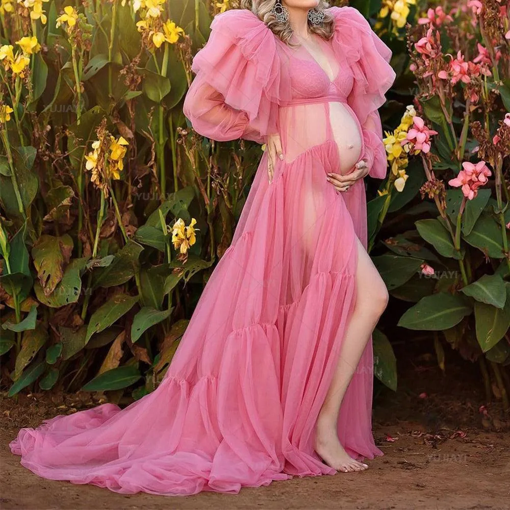 Chic Pink Maternity Robe with Elegant Ruffles and Tulle Accents