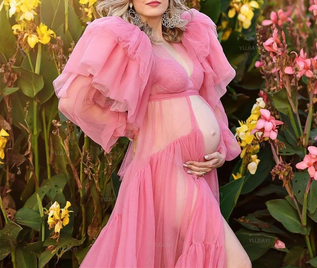 Chic Pink Maternity Robe with Elegant Ruffles and Tulle Accents