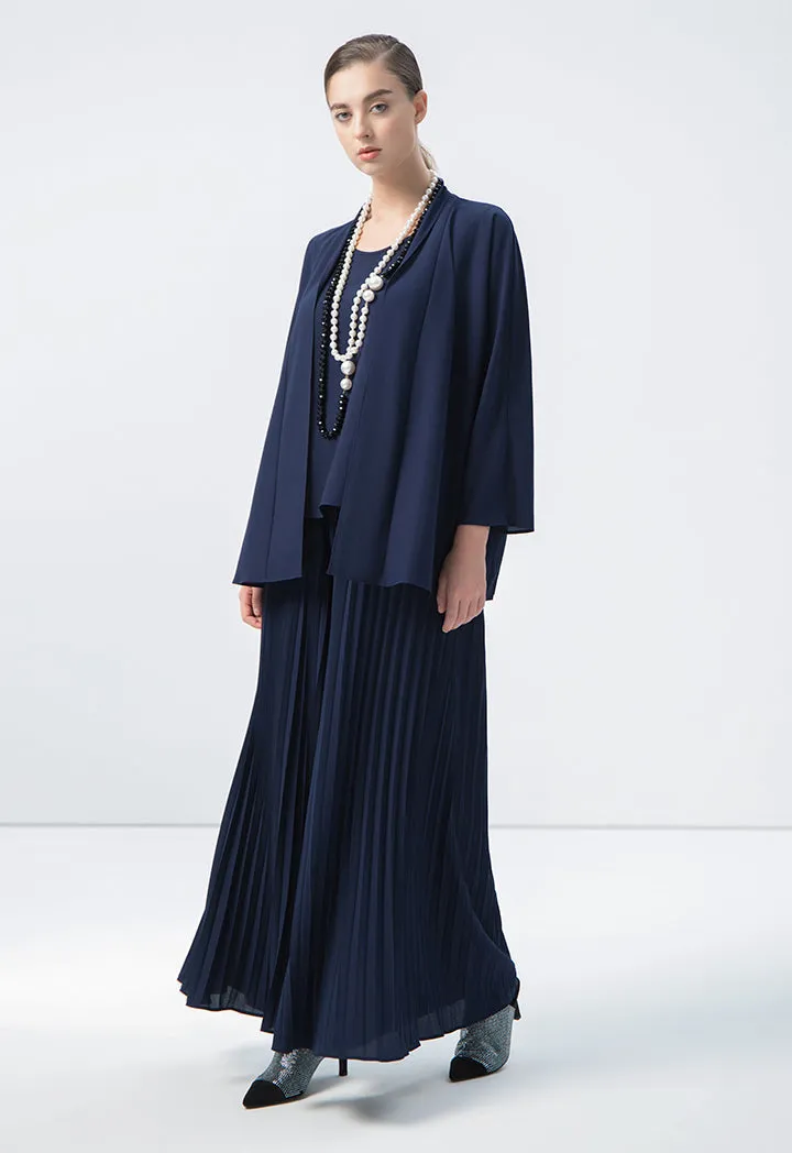 Choice Solid Pleated Wide Legs Trousers Navy