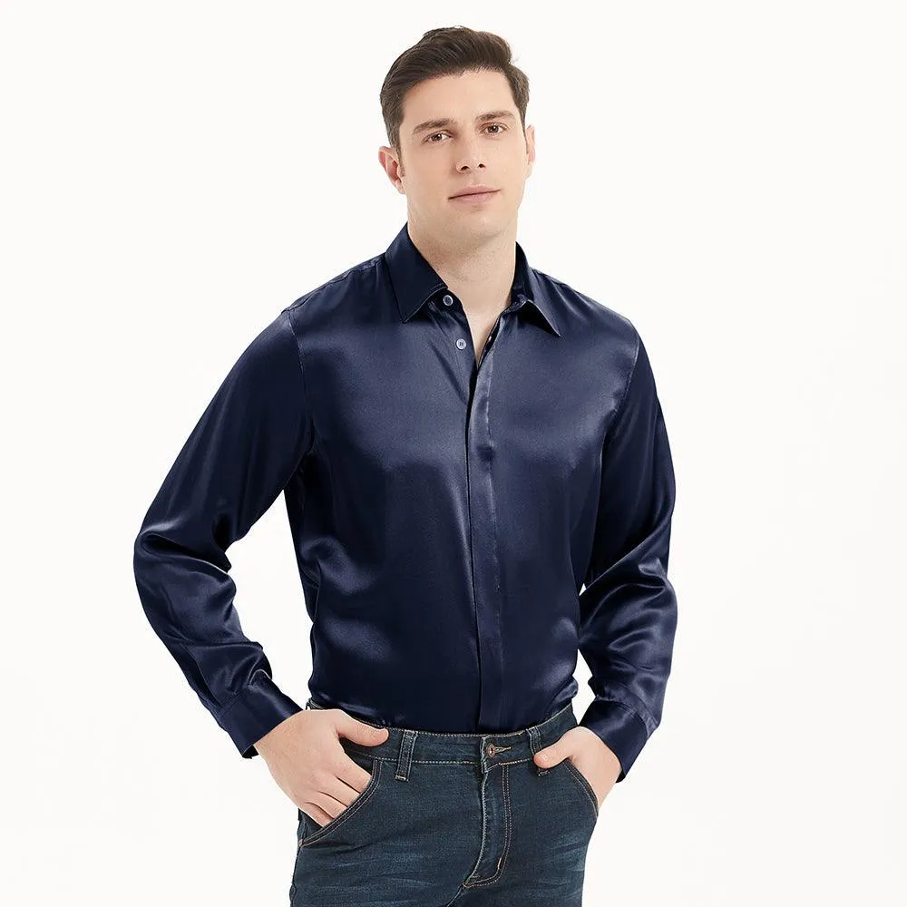 Classic Mens Silk Shirts Long Sleeves Hidden Button Business Silk Shirt