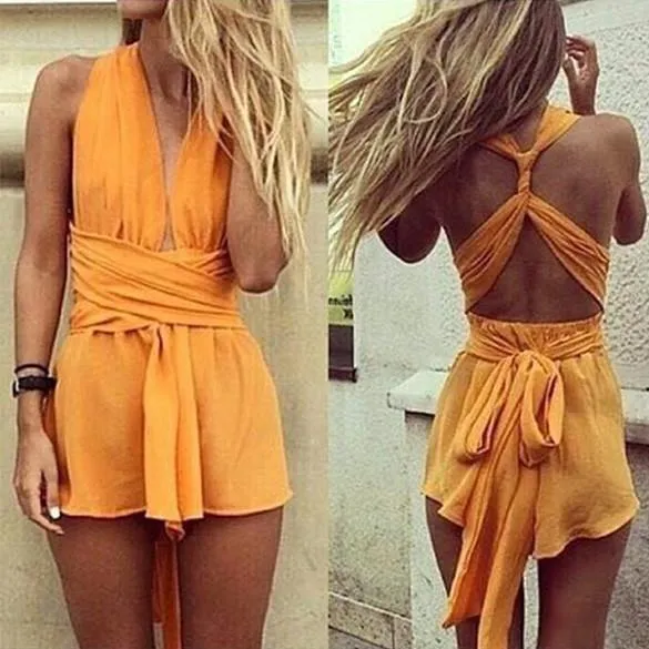 Clearance Casual Back Cross Strap V Neck Backless Chiffon Jumpsuit