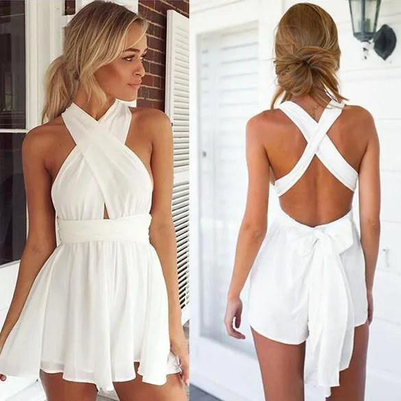 Clearance Casual Back Cross Strap V Neck Backless Chiffon Jumpsuit