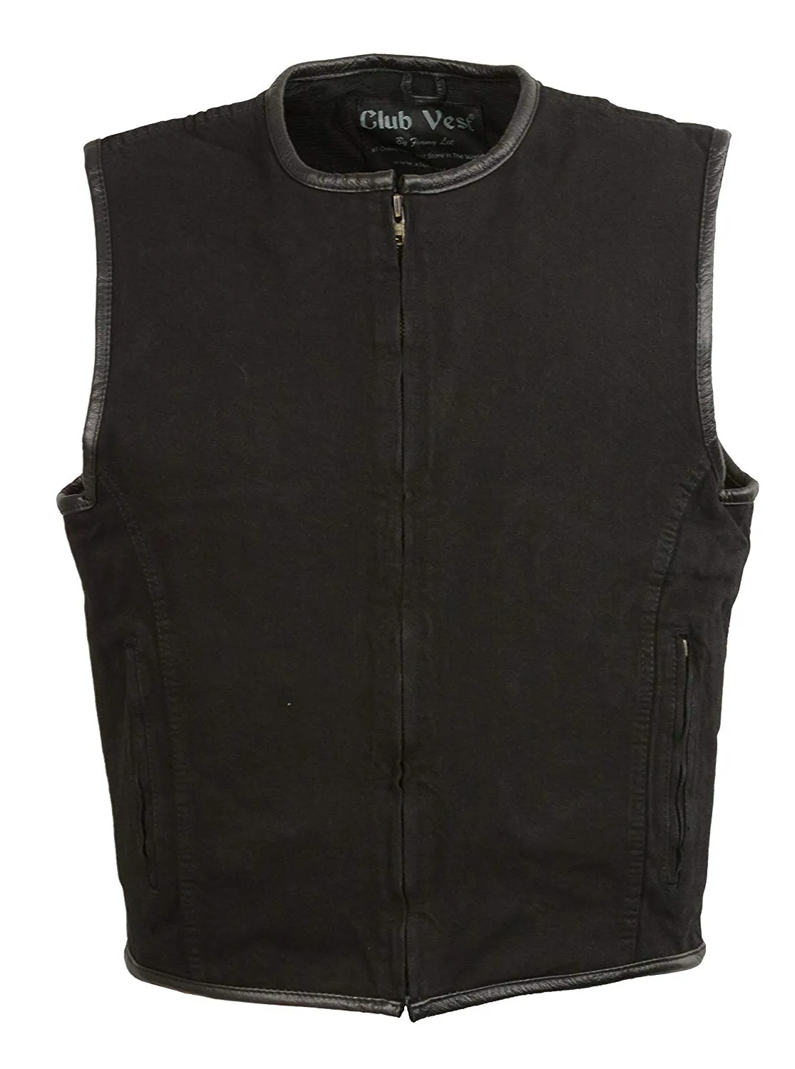 Club Vest CVM3038 Men's Black Denim Collarless Motorcycle Club Style Vest with Leather Trim