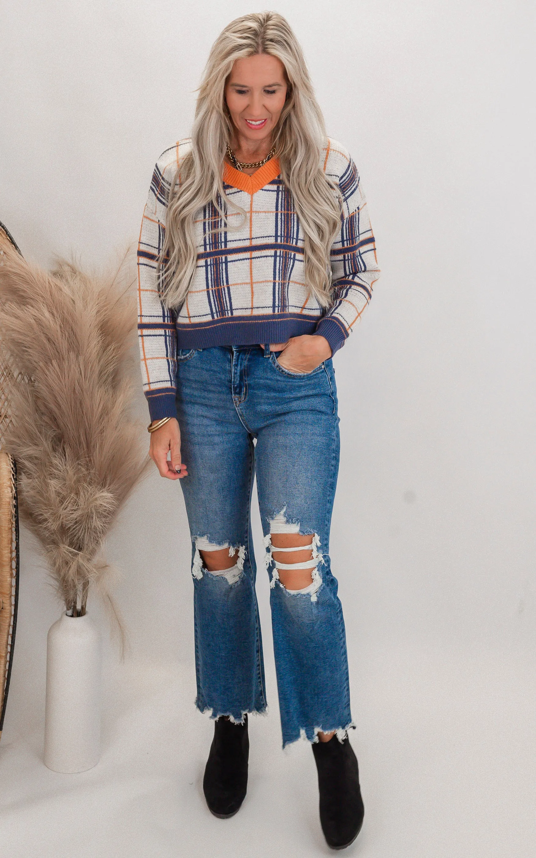 Denim Plaid V-Neck Sweater