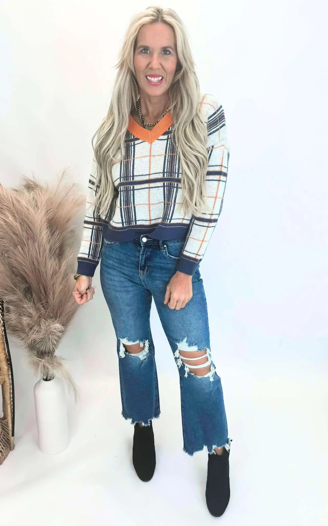 Denim Plaid V-Neck Sweater