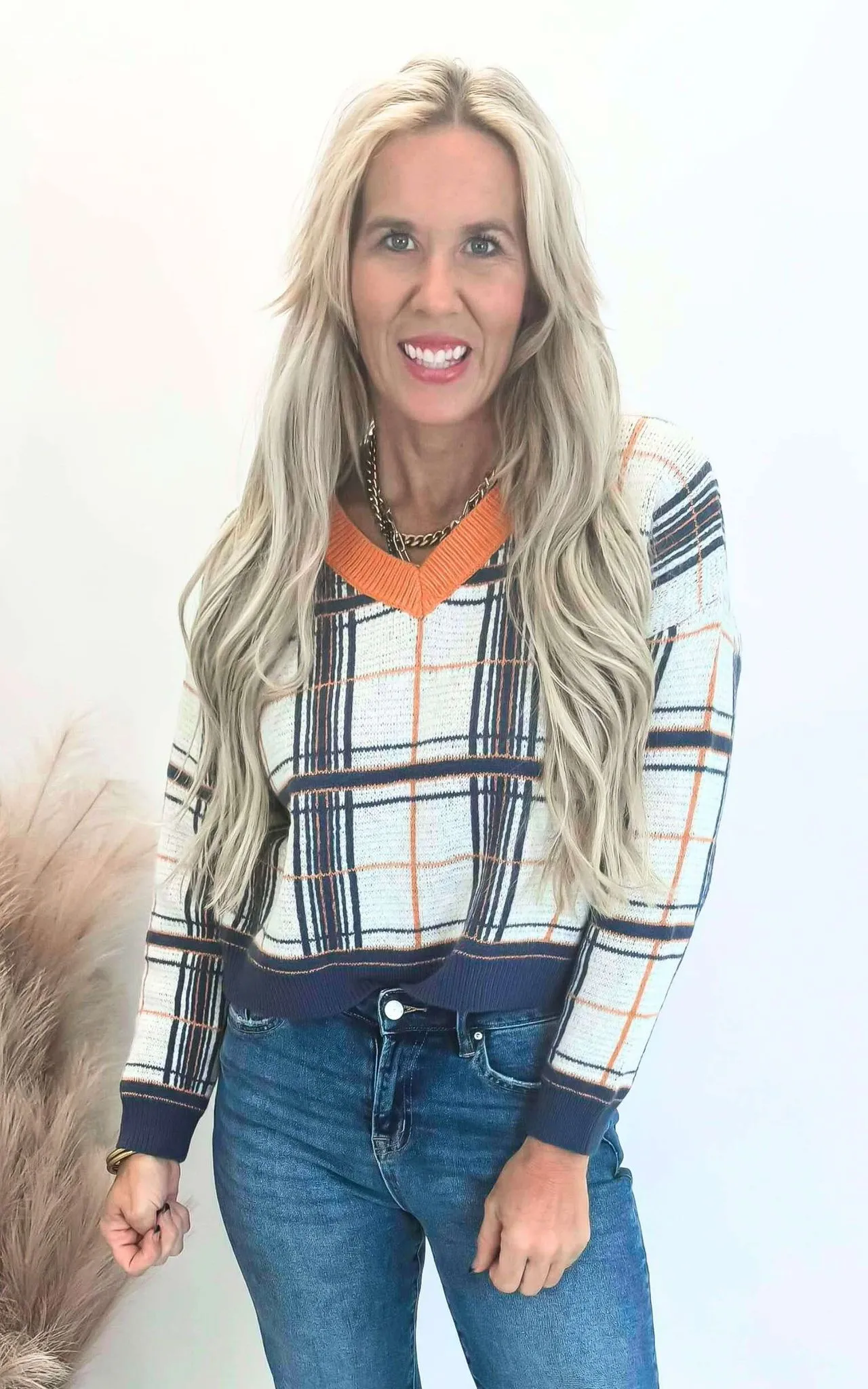 Denim Plaid V-Neck Sweater