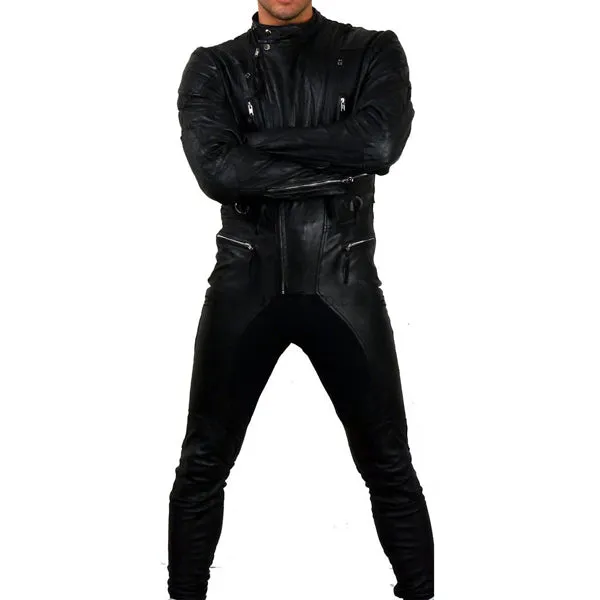 Fabric Insert Men Designer Style Leather Jumpsuit