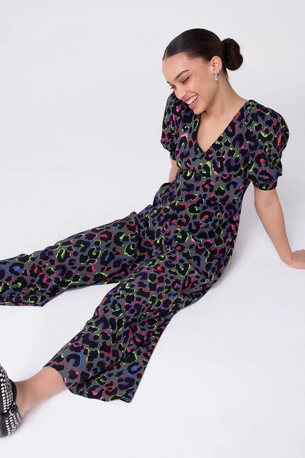 Grey with Rainbow Shadow Leopard V-Neck Jumpsuit