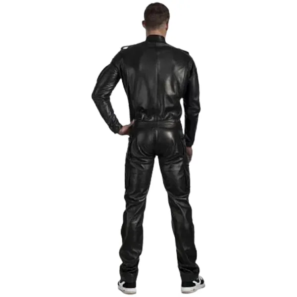 Mens Genuine Pure Black Leather Full Jumpsuit