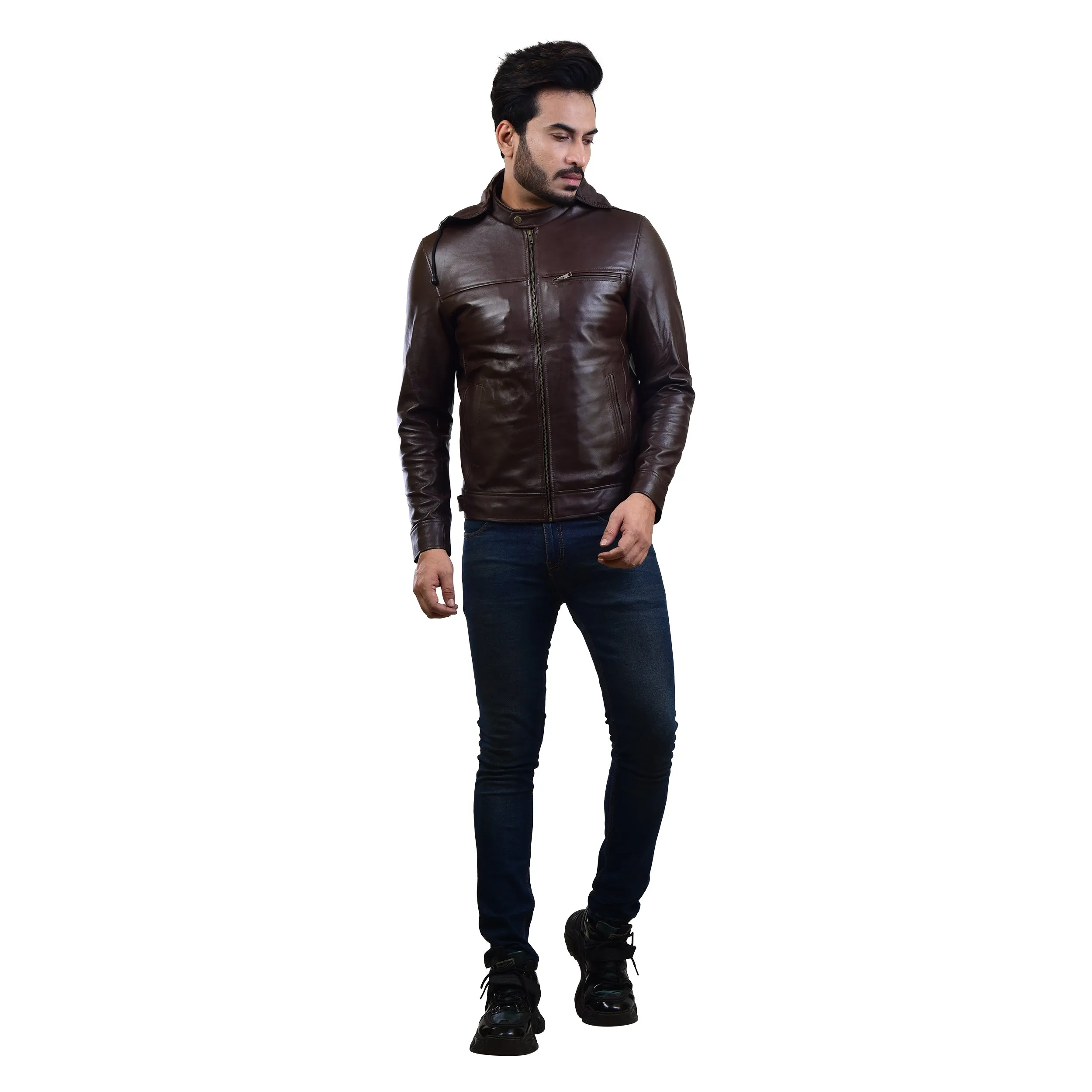 MENS LEATHER HOODED JACKET 410139(BROWN)