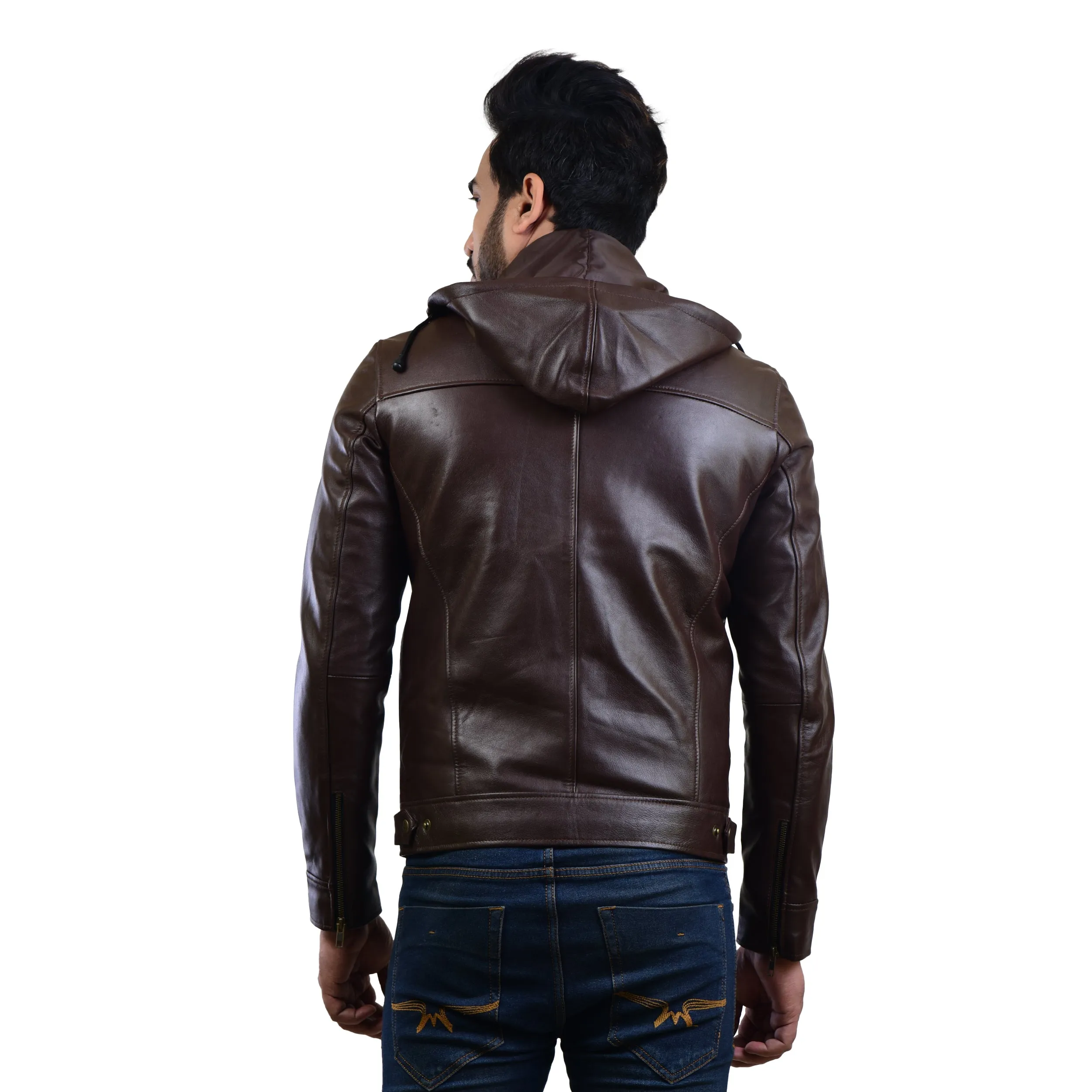 MENS LEATHER HOODED JACKET 410139(BROWN)