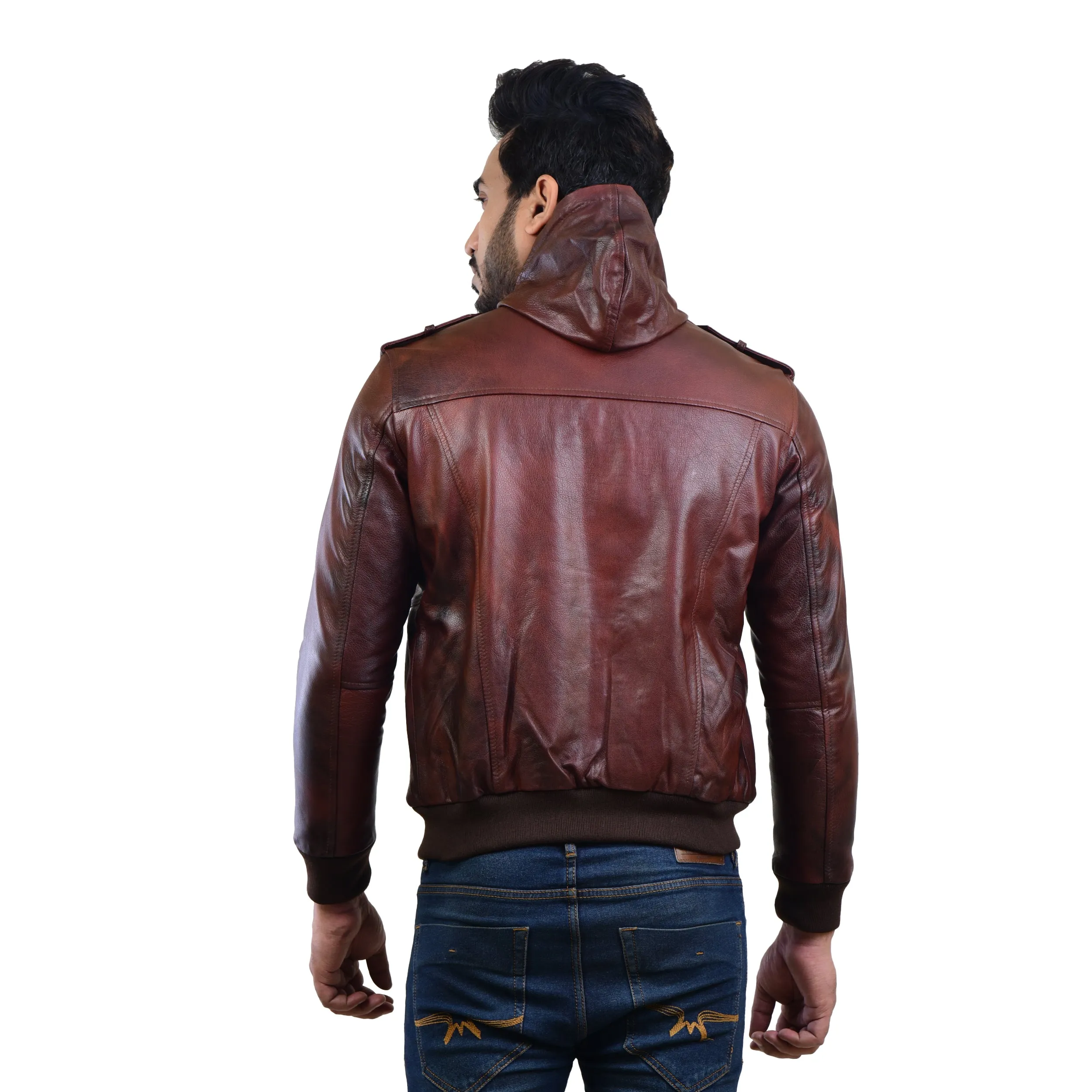 MENS LEATHER HOODED JACKET 410144(2 TONE)