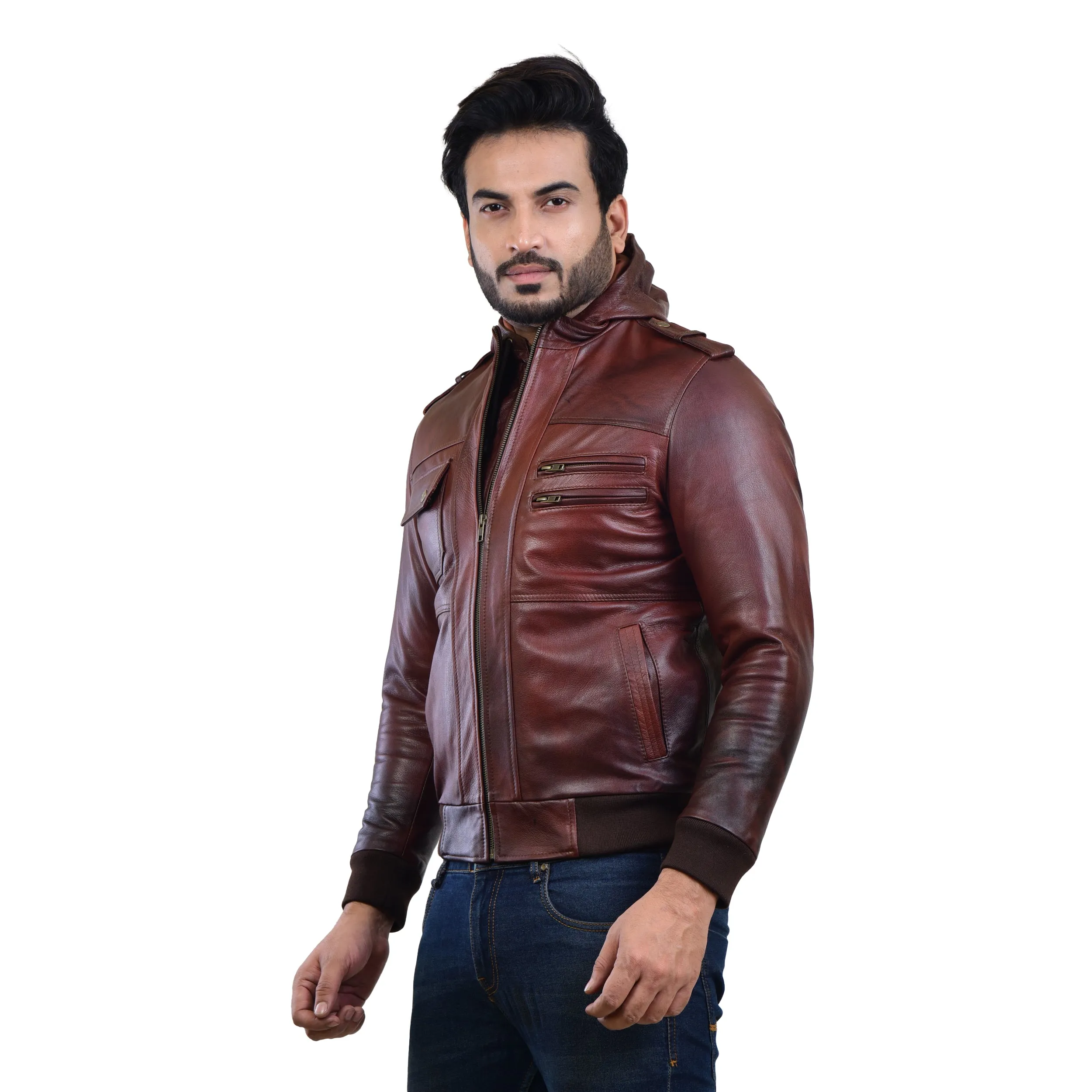 MENS LEATHER HOODED JACKET 410144(2 TONE)