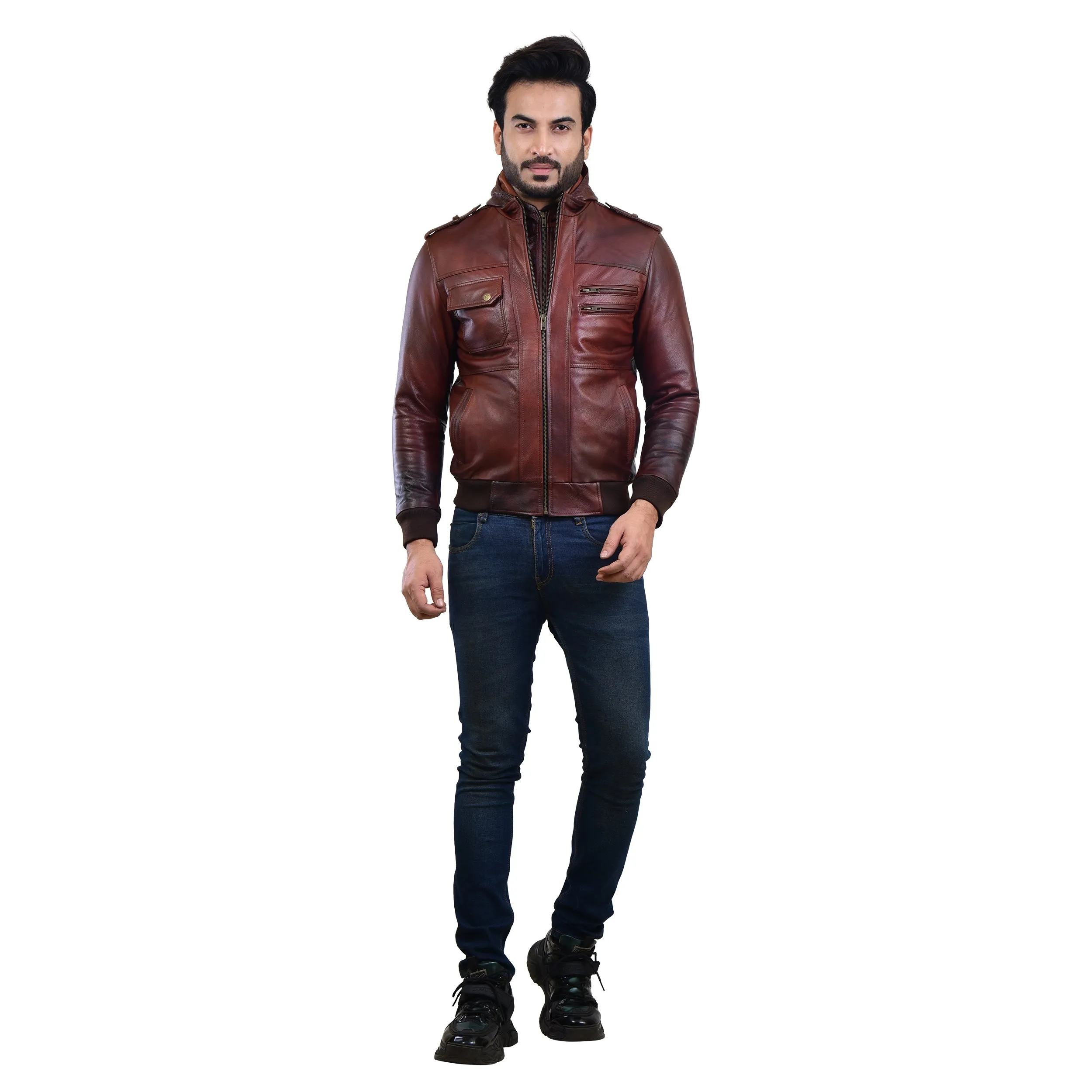 MENS LEATHER HOODED JACKET 410144(2 TONE)