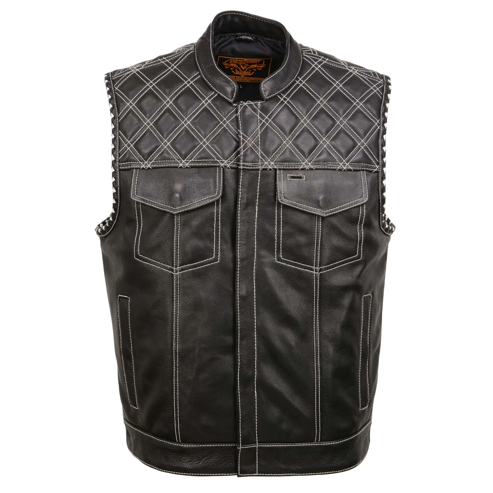 Milwaukee Leather MLM3525 Men's Black 'Paisley' Accented White Stitching Leather Vest – w/Armhole Trim Open Collar Design