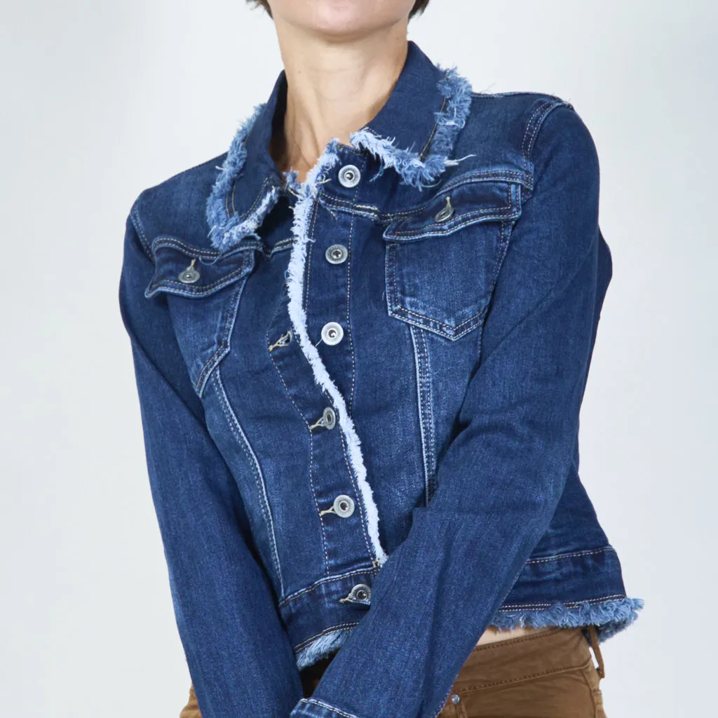 Modern cropped denim jacket with frayed details wholesale