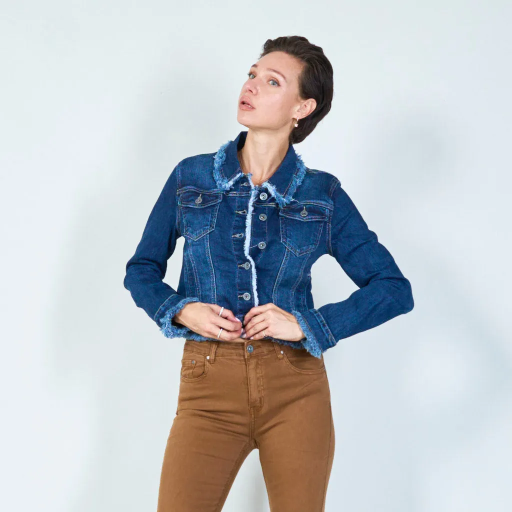 Modern cropped denim jacket with frayed details wholesale