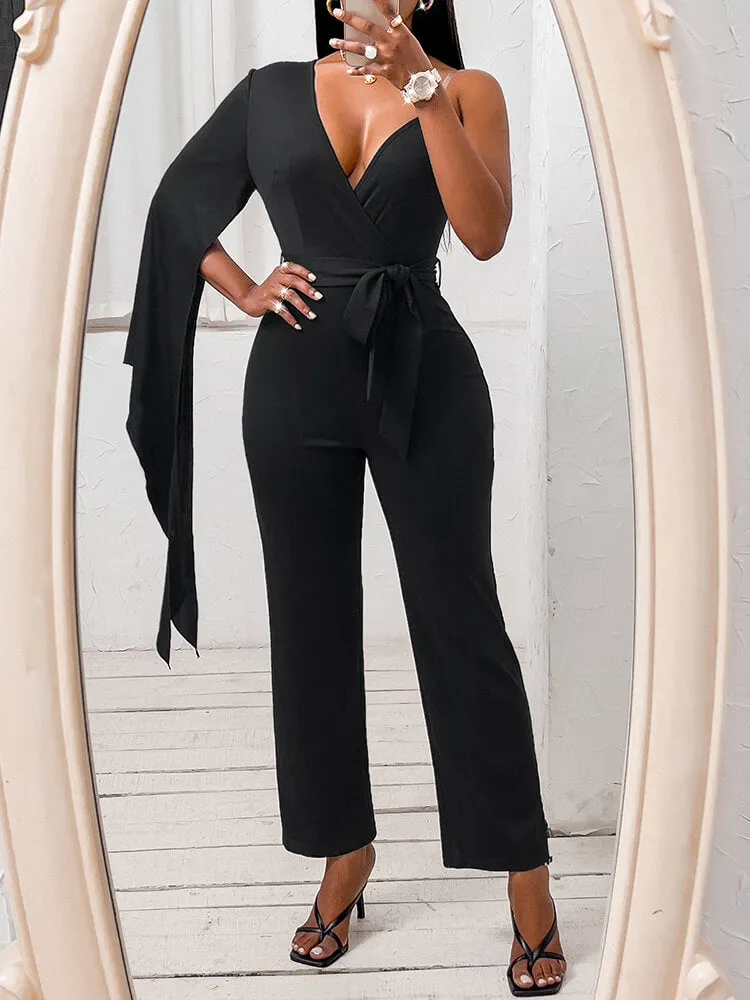 One Shoulder V Neck Jumpsuits