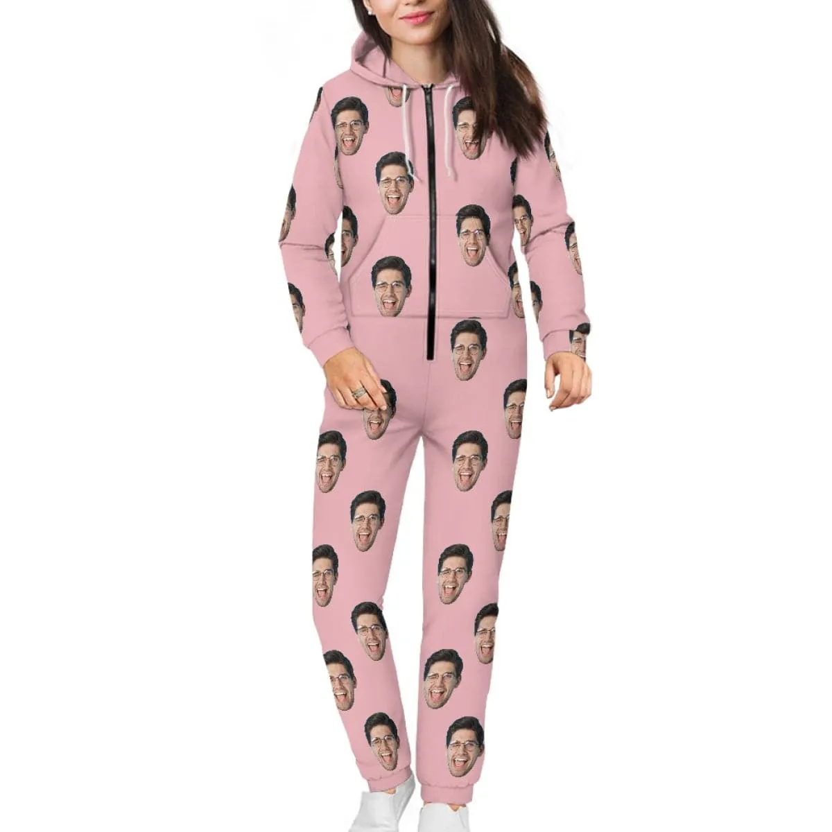 Personalized Adults Zip Onesie Custom Face Multicolor Unisex Hooded Onesie with Pocket Jumpsuits One-piece Pajamas