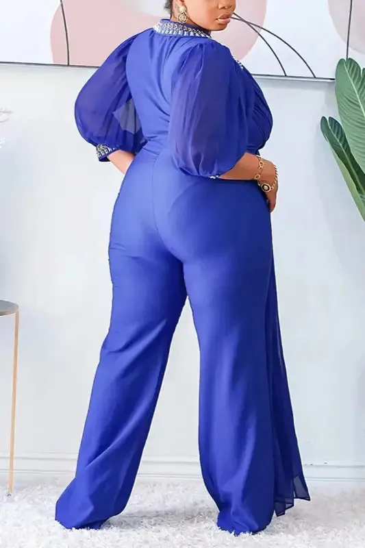 Plus Size Level Up Pearl Rhinestone Detailed Loose Fitting Jumpsuit