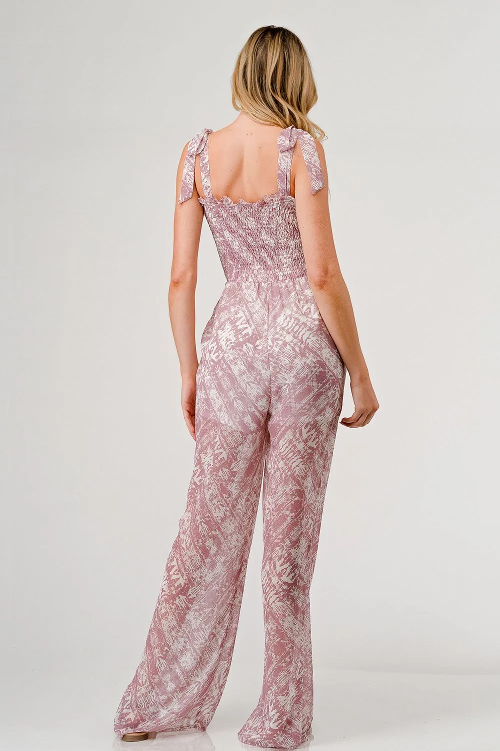 Printed Tie Shoulder Wide Leg Jumpsuit