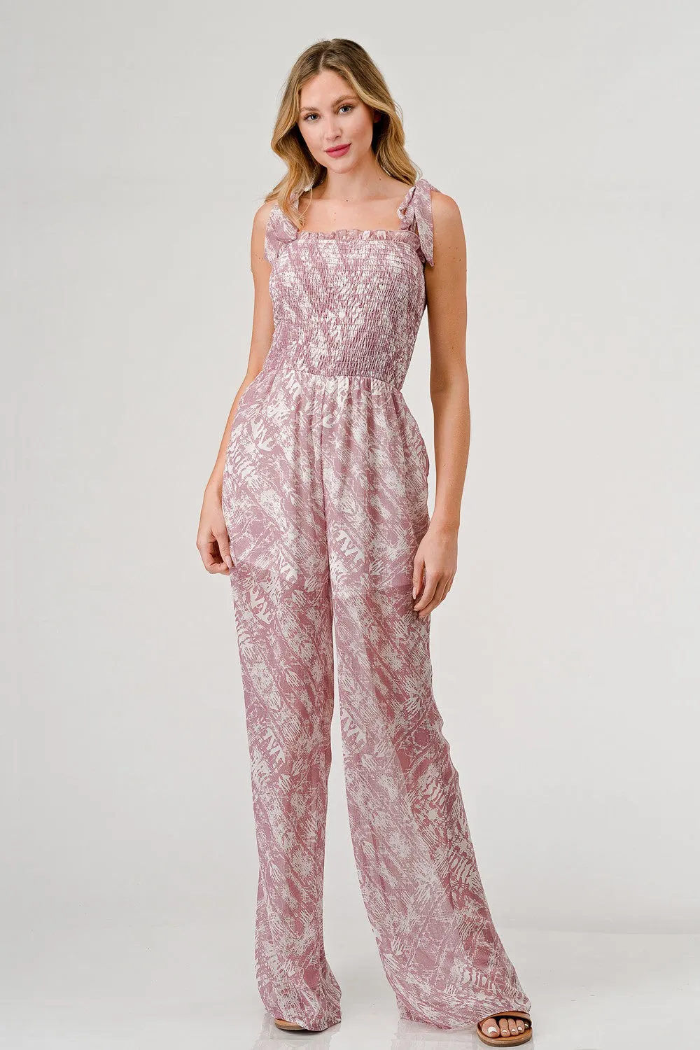 Printed Tie Shoulder Wide Leg Jumpsuit