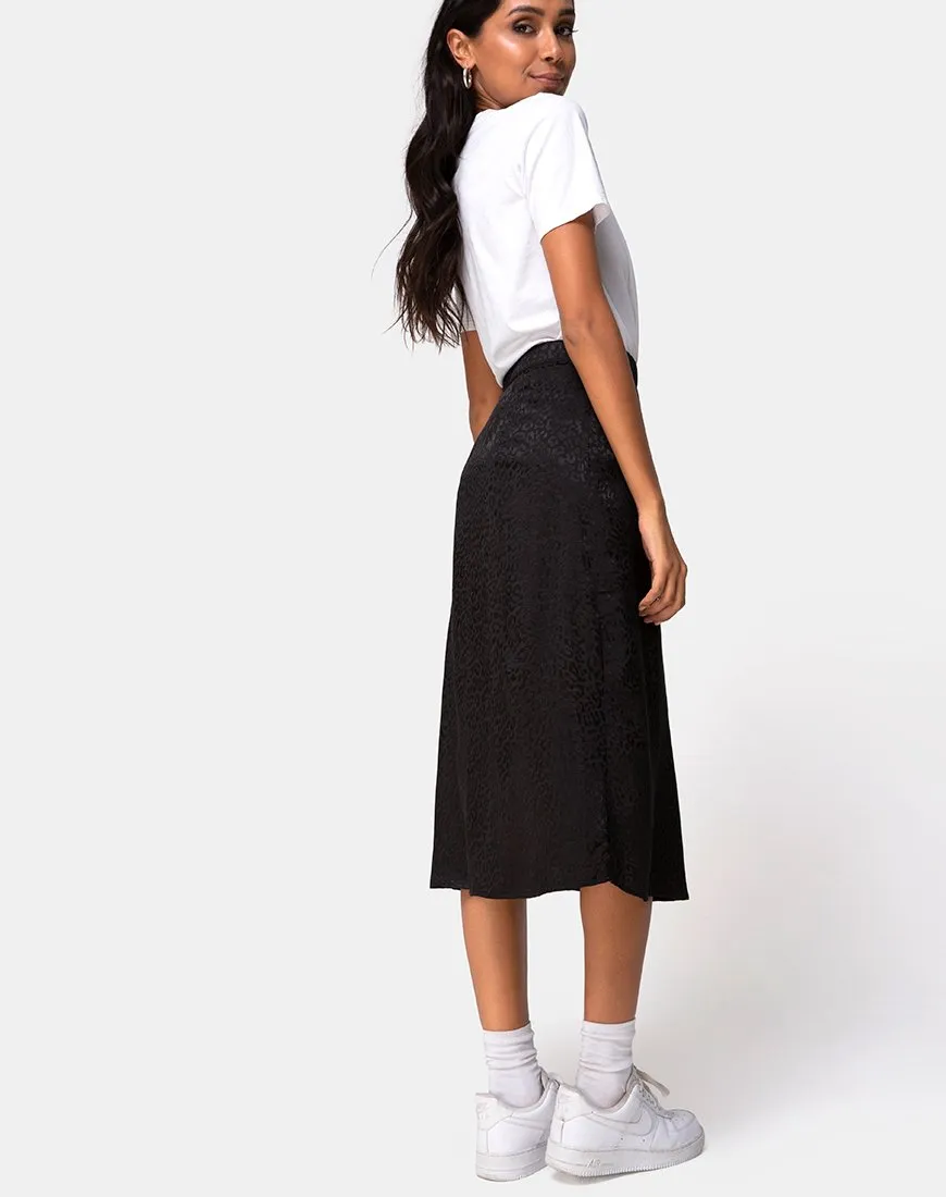 Saika Midi Skirt in Satin Cheetah Black