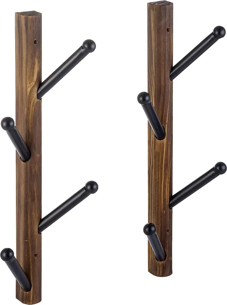 Set of 2, Wood and Black Metal Coat Rack, Vertical Wall Mounted Hat Hanging Coat Tree Hook Rack