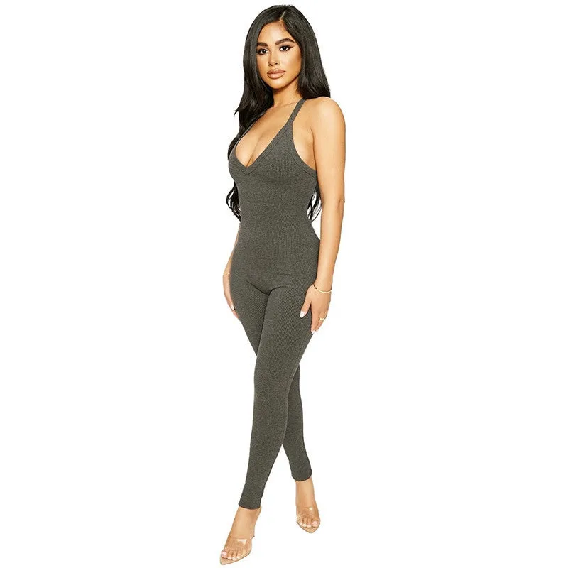 Solid Color Backless Comfortable V-Neck Suspender Jumpsuit Wholesale Women'S Clothing