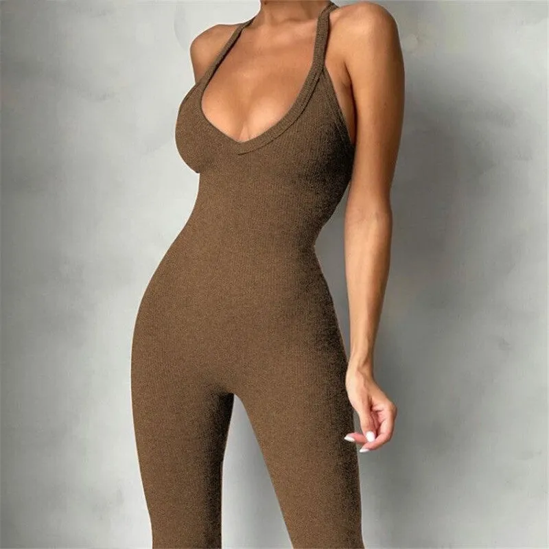 Solid Color Backless Comfortable V-Neck Suspender Jumpsuit Wholesale Women'S Clothing