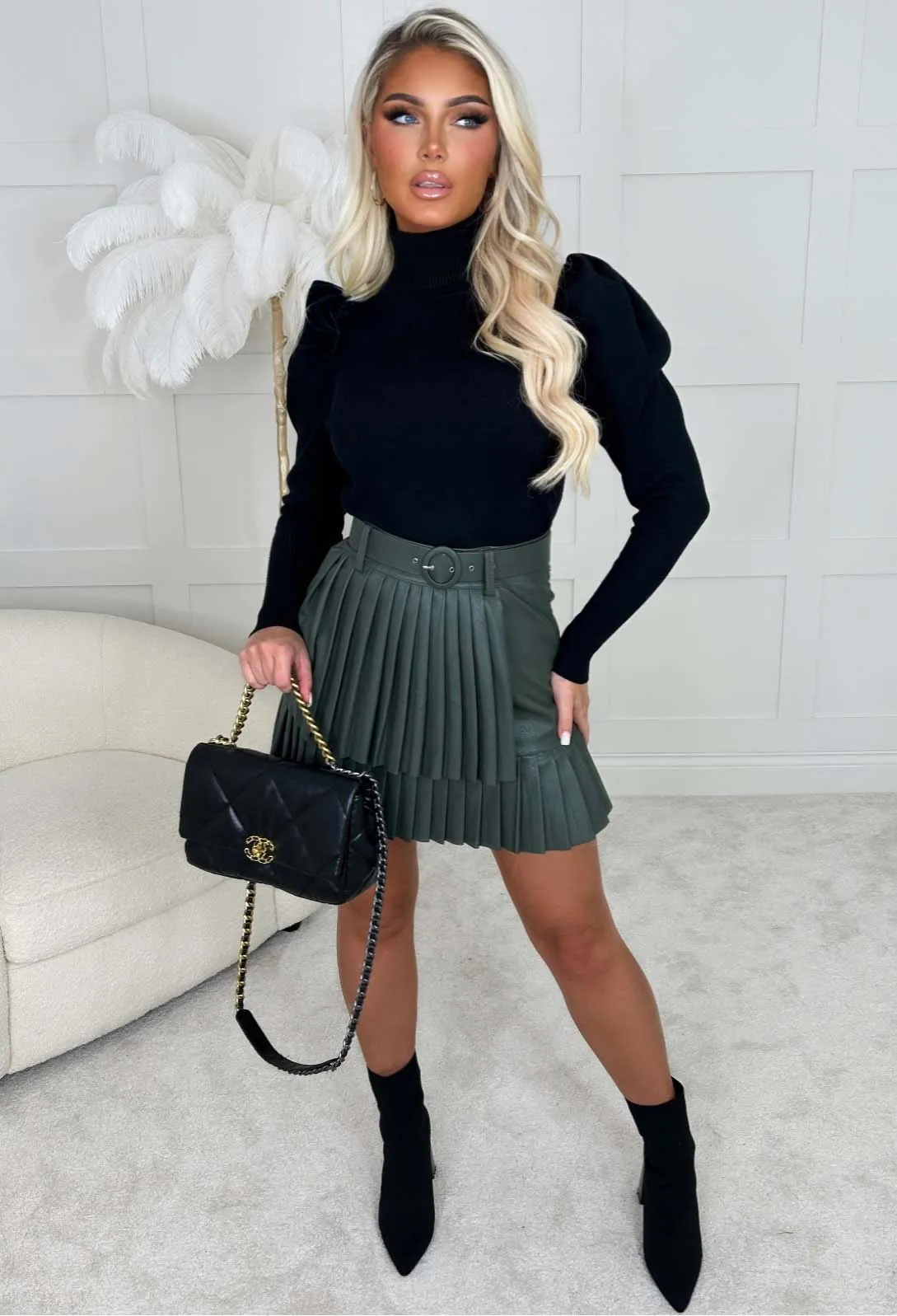 Stay Chic Khaki Belted & Pleated Double Layer Pu Skirt