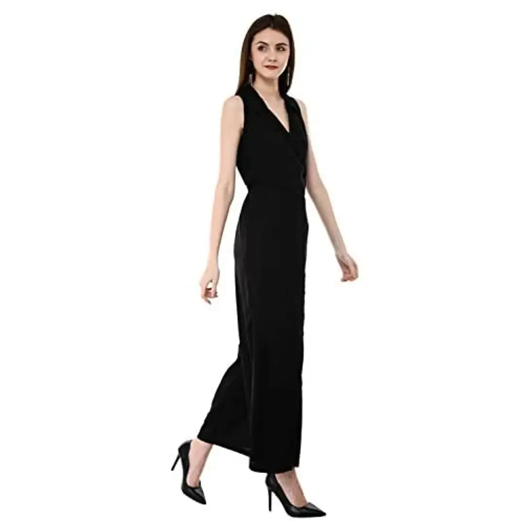 V&M Black Rayon Lapel Collar Wrap Sleeveless Designer Jumpsuit for Women (vm199)