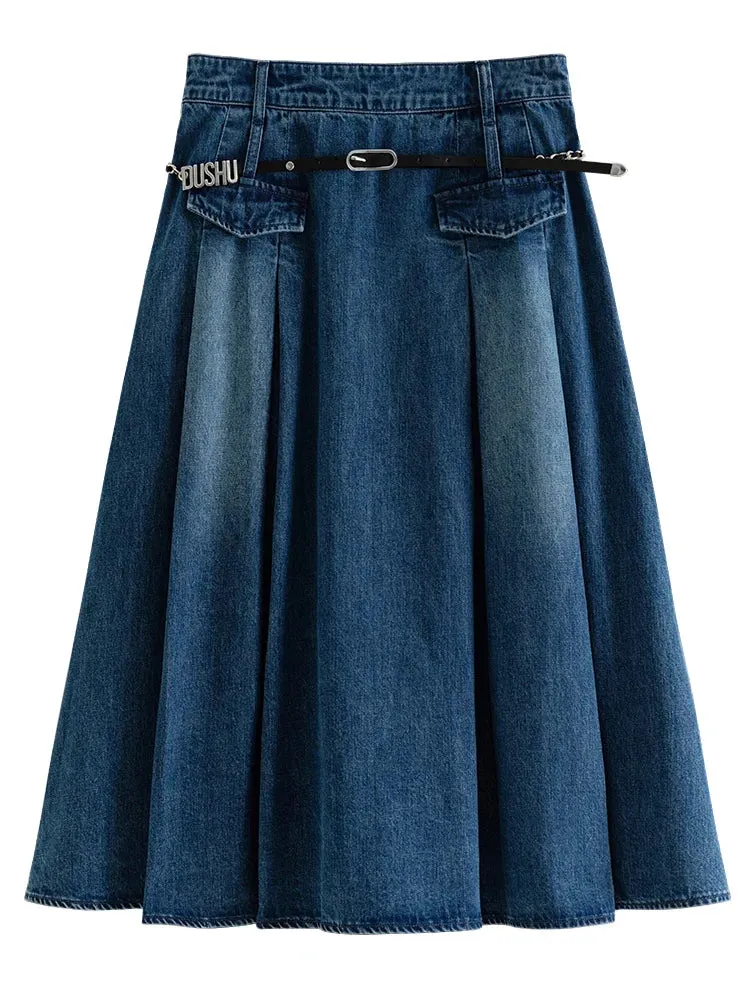 Vintage Pleated Denim Skirt Chic Designed Raw Denim Skirt with Belt